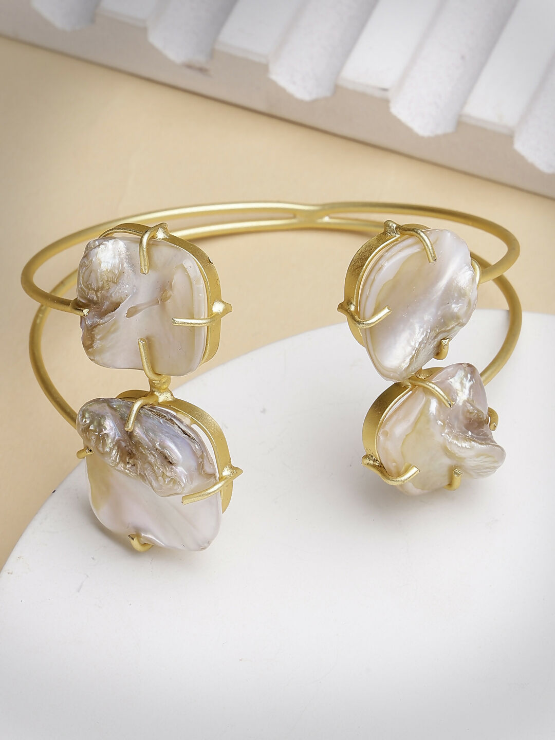 NVR Women's Gold-Polished Mother of Pearl Handcrafted Cuff Bracelet | Grocsy