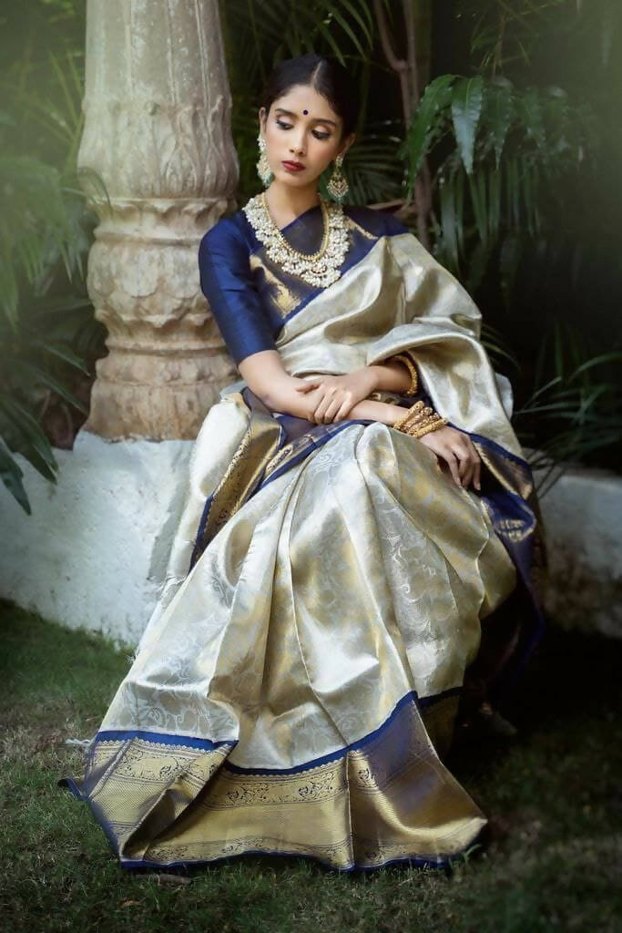 DEIANA'S Beautiful Designer Golden zari Soft Lichi Silk Saree - White | Grocsy
