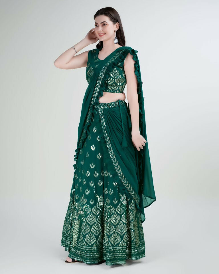 Green Georgette Sequence Embroidered Lehenga Choli with Dupatta - Tanya | Grocsy