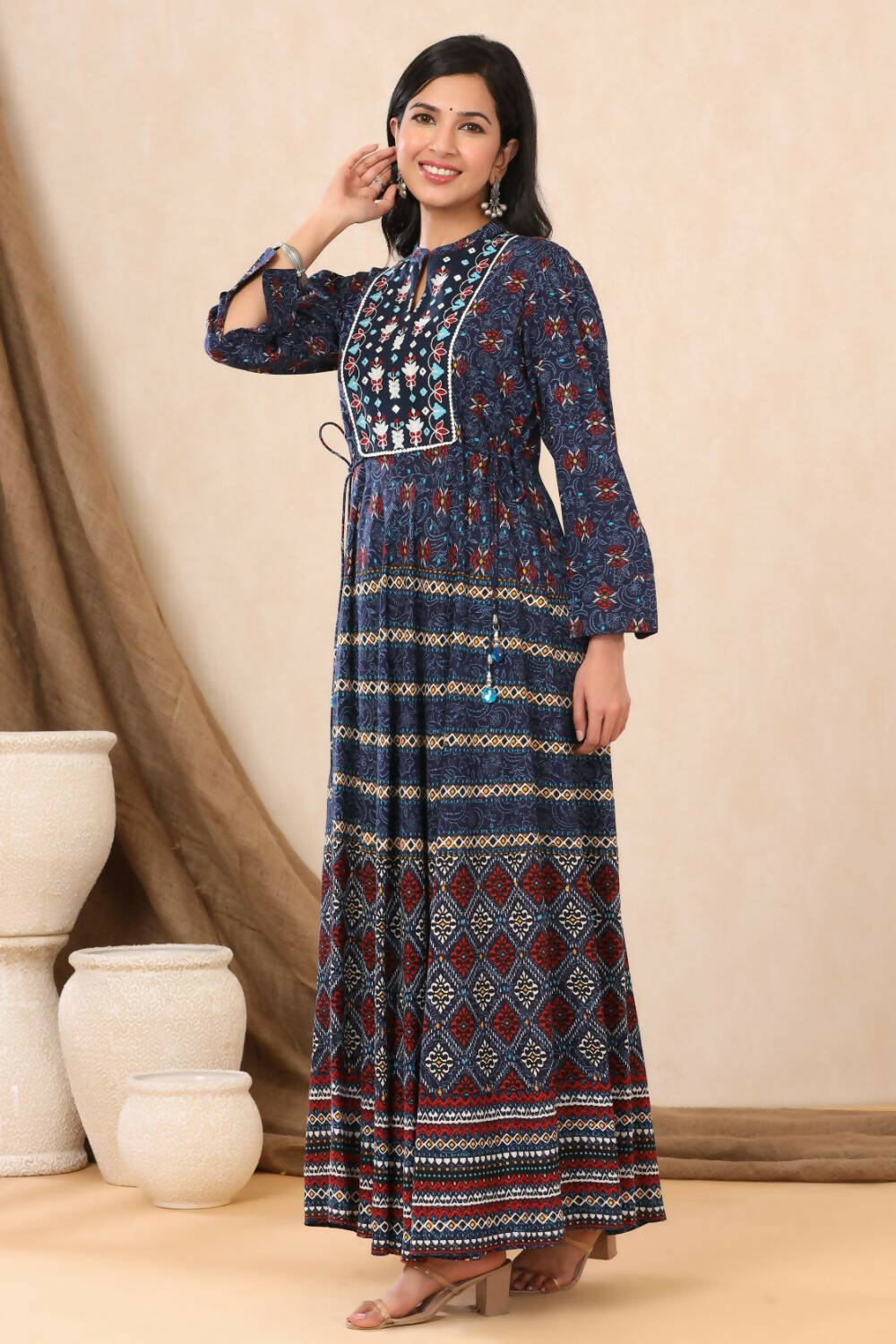 Juniper Womens Indigo Rayon Multicolor Printed Maxi Dress With Yoke Mirror Embroidery | Grocsy