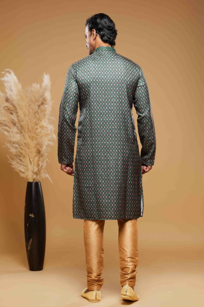 Raivat Ethnic Art Silk Digital Print Pintux Work Kurta Pajama In Green Colour | Grocsy