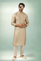 Raivat Ethnic Art Silk Printed Work Kurta Pajama In Beige Colour | Grocsy