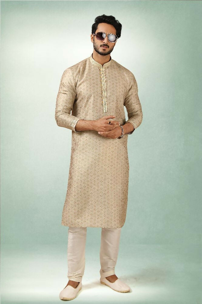 Raivat Ethnic Art Silk Printed Work Kurta Pajama In Beige Colour | Grocsy