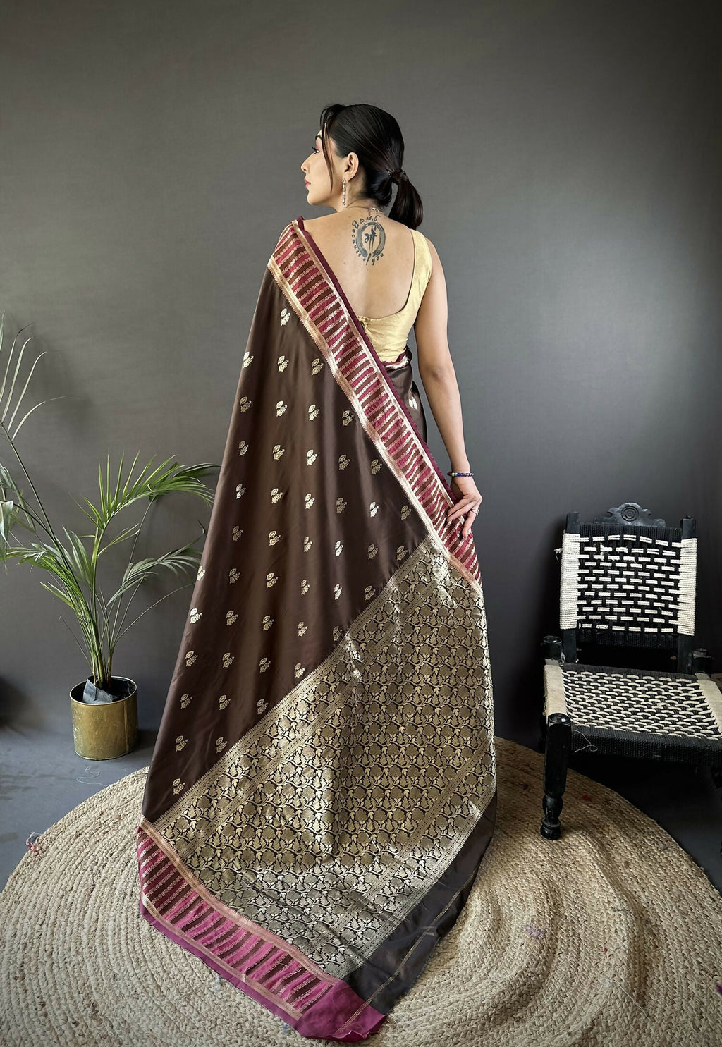 Joban Fashion Brown Woven Zari Motifs Lichi Silk Banarasi Silk Saree | Grocsy