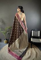Joban Fashion Brown Woven Zari Motifs Lichi Silk Banarasi Silk Saree | Grocsy