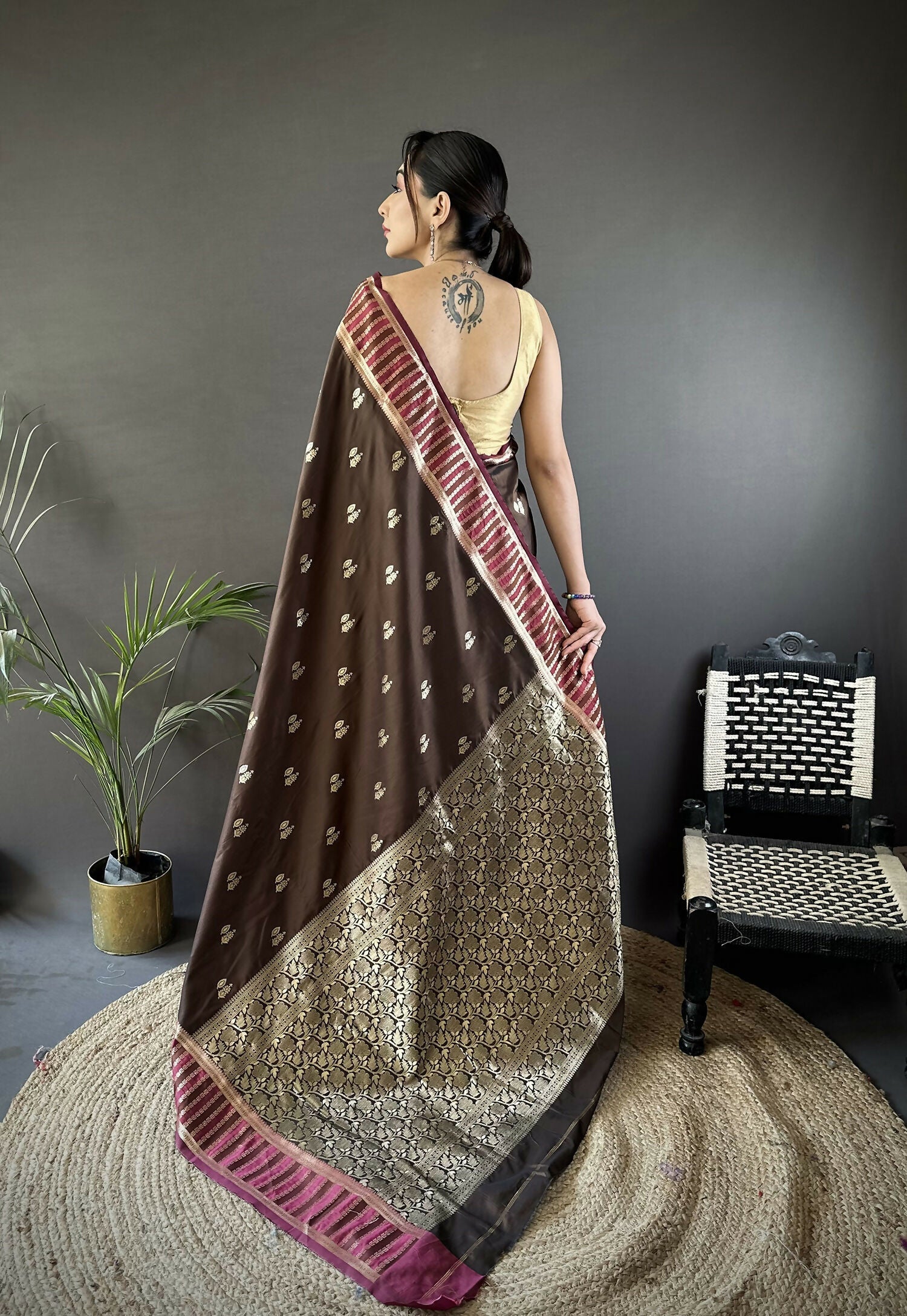 Joban Fashion Brown Woven Zari Motifs Lichi Silk Banarasi Silk Saree | Grocsy