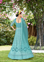 Blue Net Embroidered Semi Stitched Lehenga Choli with Dupatta - Bhagya | Grocsy
