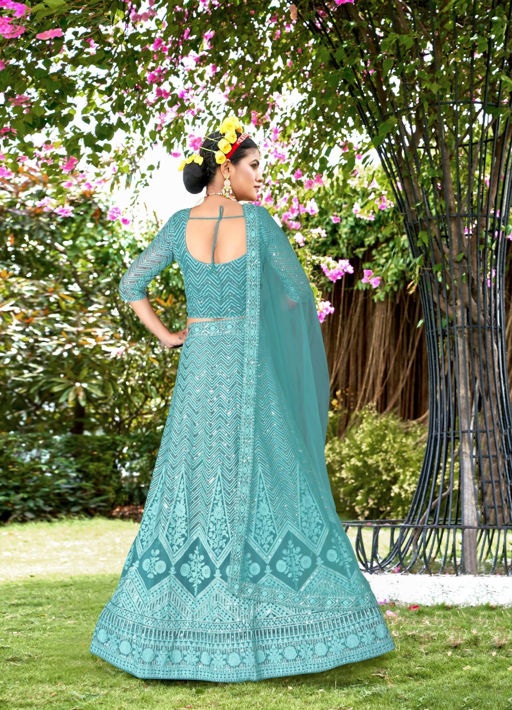 Blue Net Embroidered Semi Stitched Lehenga Choli with Dupatta - Bhagya | Grocsy