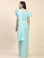 Light Blue Silk Satin Sequence Work Ready to Wear Saree with stitched Blouse - Nirvana | Grocsy