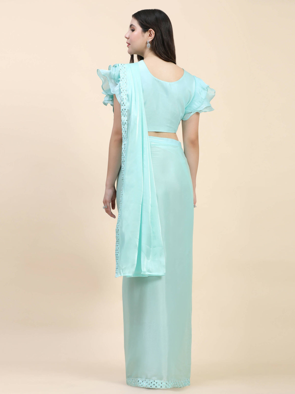 Light Blue Silk Satin Sequence Work Ready to Wear Saree with stitched Blouse - Nirvana | Grocsy