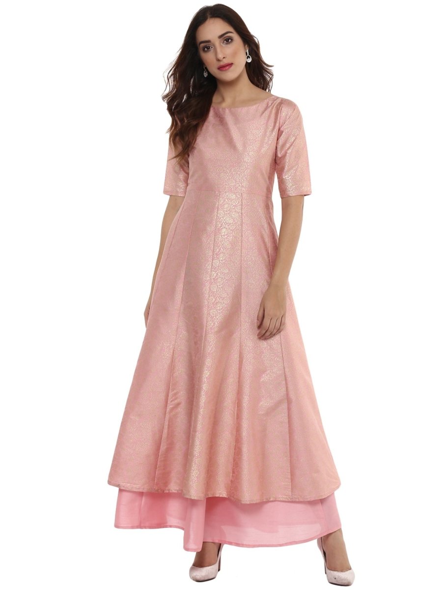 Ahalyaa Women's Pink Poly Silk Gold Foil Print Kurta | Grocsy