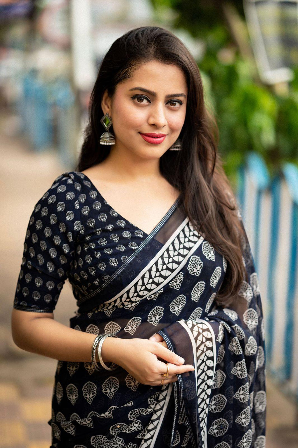 Navy Blue Poly Georgette Ajrak Saree with Unstitched Blouse - Hiral Fashion | Grocsy