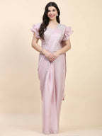 Light Pink Silk Satin Sequence Work Ready to Wear Saree with stitched Blouse - Nirvana | Grocsy