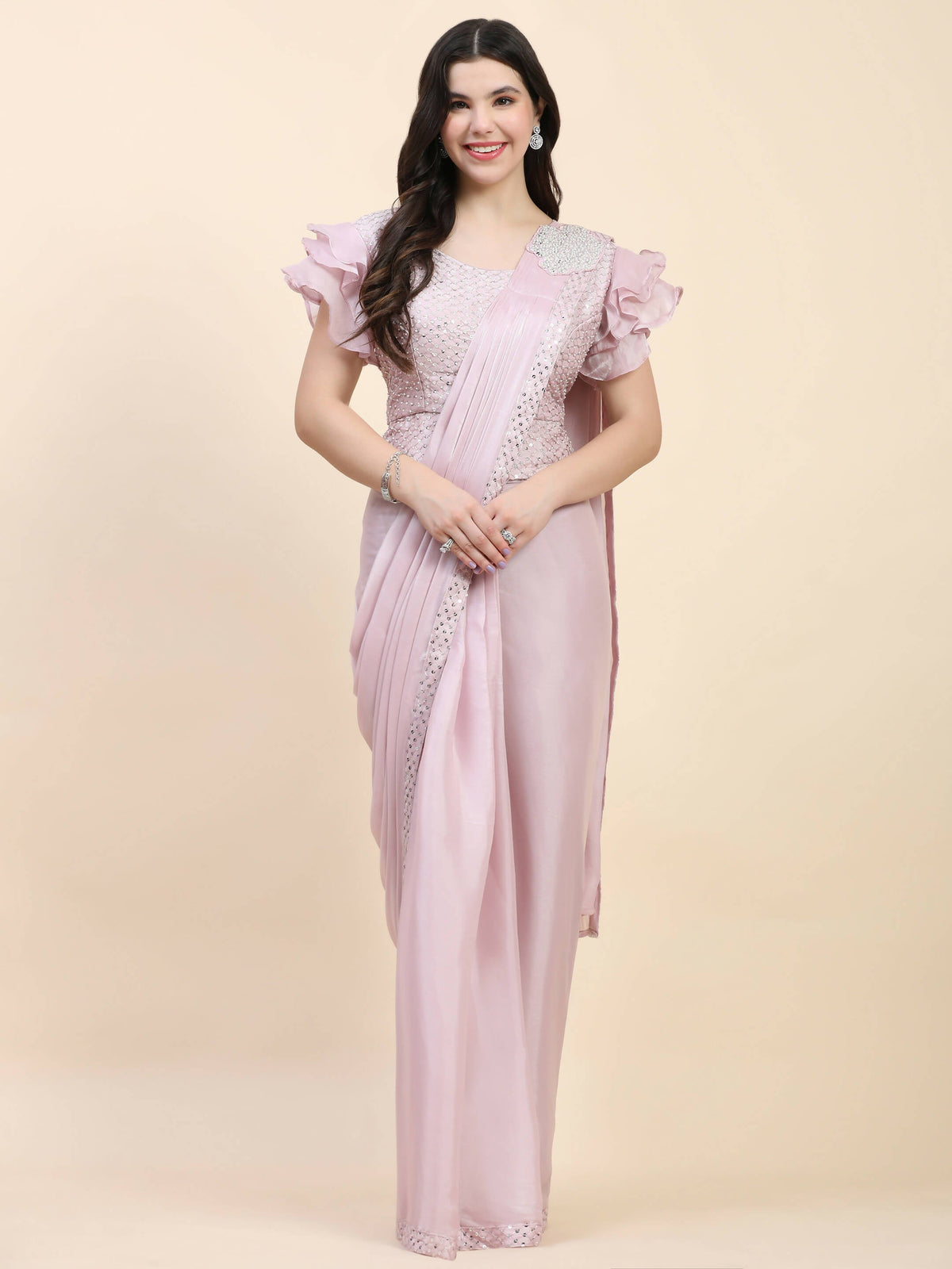 Light Pink Silk Satin Sequence Work Ready to Wear Saree with stitched Blouse - Nirvana | Grocsy