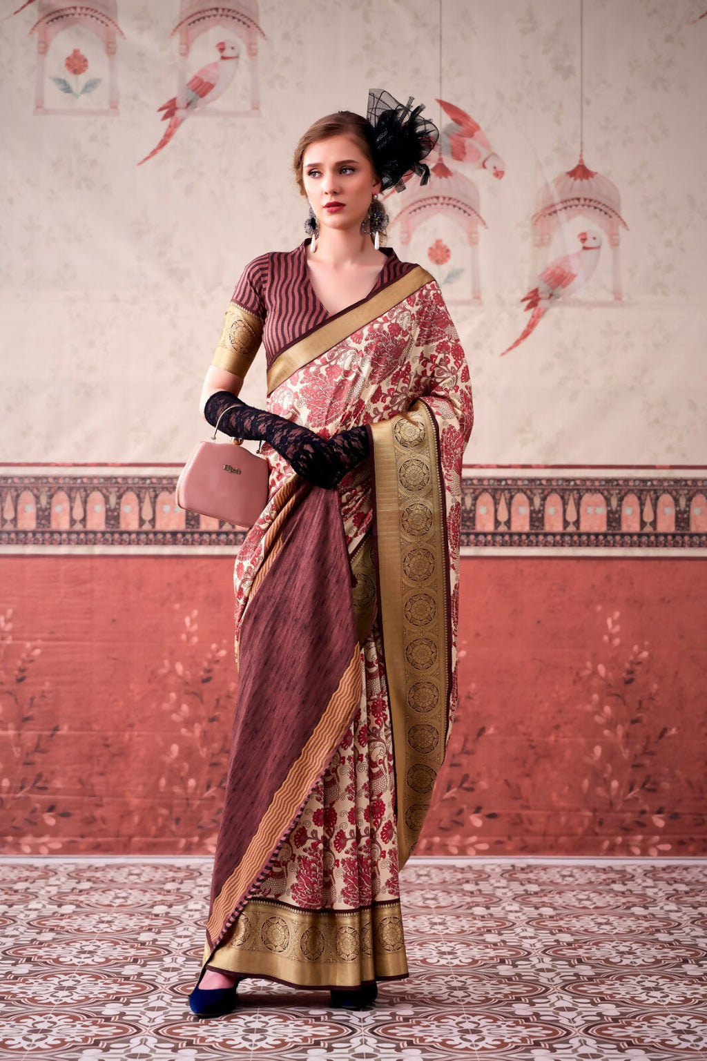 Vastranavya Pink Tussar Silk Printed with Viscose Border Saree & Unstitched Blouse | Grocsy