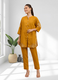 Joban Fashion Yellow Cotton, Linen Embroidered Readymade Cord Set | Grocsy