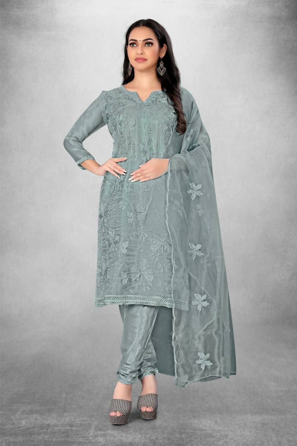 Grey Heavy Organza Silk Embroidered Unstitched Dress Material - Amara | Grocsy