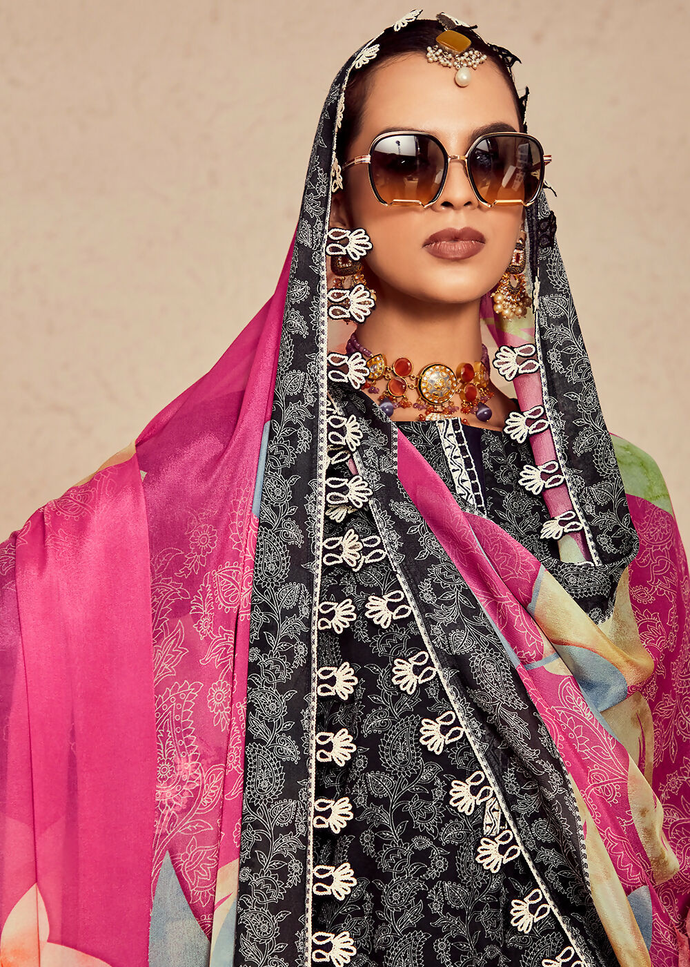 Muslin Cotton Digital Print & Embroidered Black Salwar Suit - Emponline | Grocsy