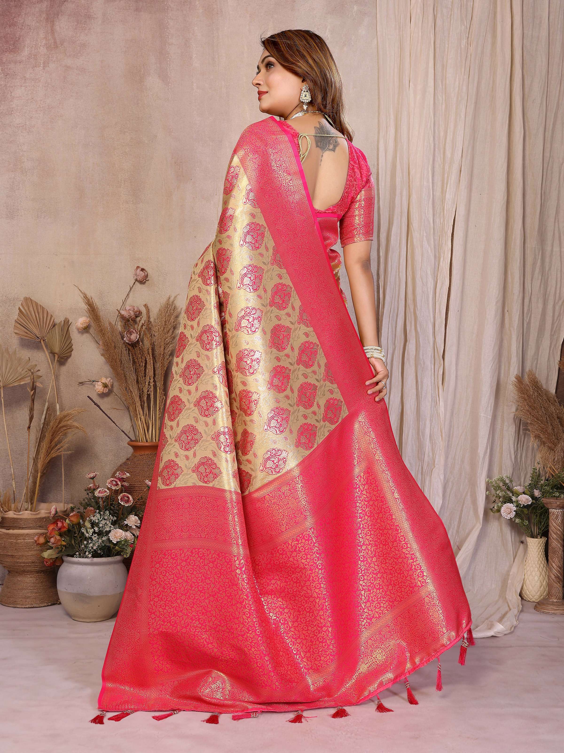 Aastha Fashion Yellow Banarasi Tissue Silk Weaving Saree | Grocsy