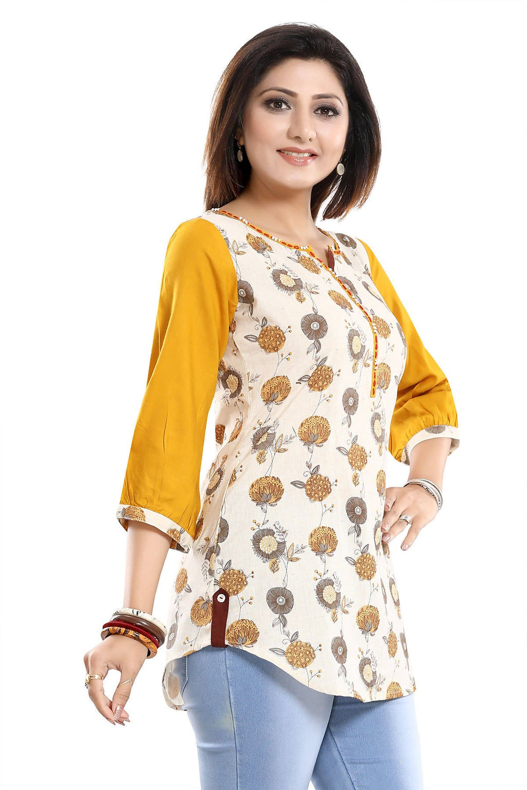Snehal Creations Cream Cotton Printed Apple-Cut Short Tunic | Grocsy