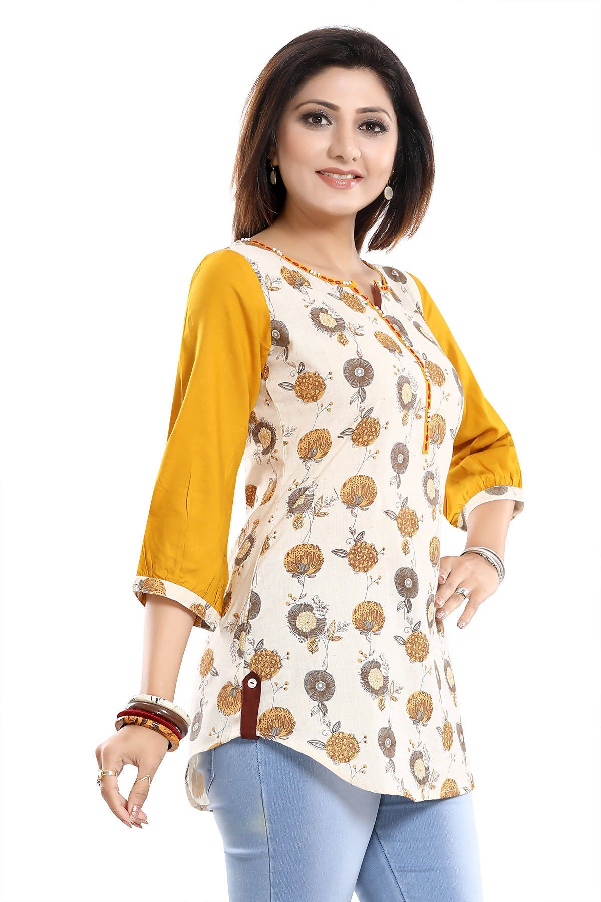 Snehal Creations Cream Cotton Printed Apple-Cut Short Tunic | Grocsy