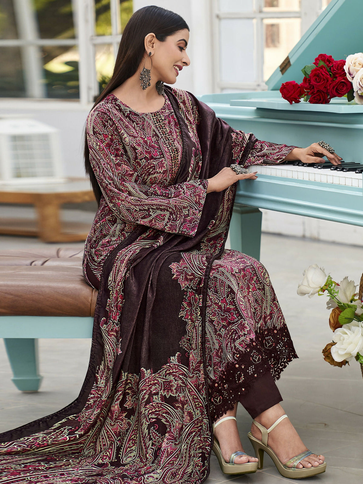 Jyoti Fashion Women's Wine Velvet Digital Print with Resham Thread work Kurta with Trouser & Dupatta | Grocsy