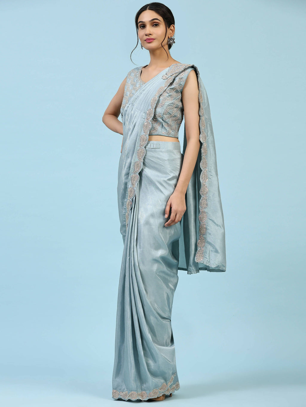 Sky Blue Silk Satin Plain Ready to wear Saree with stitched Blouse - Vrinda | Grocsy