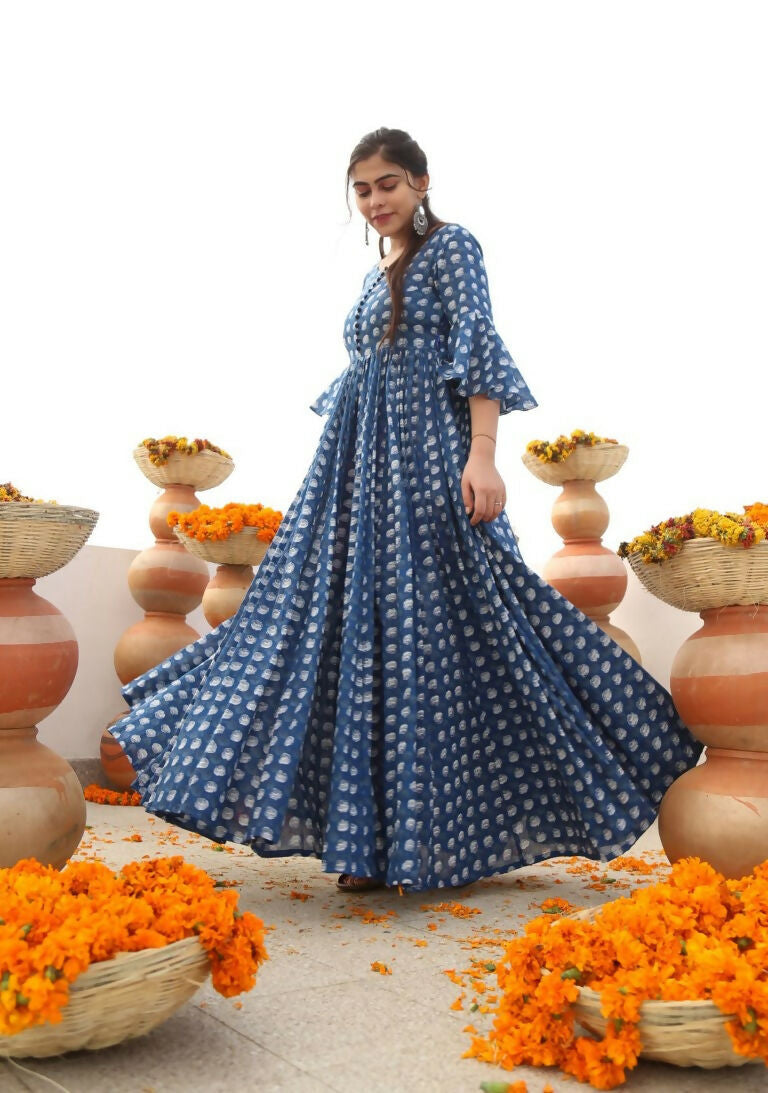 Jyoti Fashion Women's Blue Heavy Digital Printed Cotton Silk Anarkali Dress | Grocsy