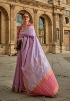 Crocus Purple & Peachsoft Handloom Sik Zari & Thread Work, Contrast Pallu Saree - Rajtex Kube Silk | Grocsy