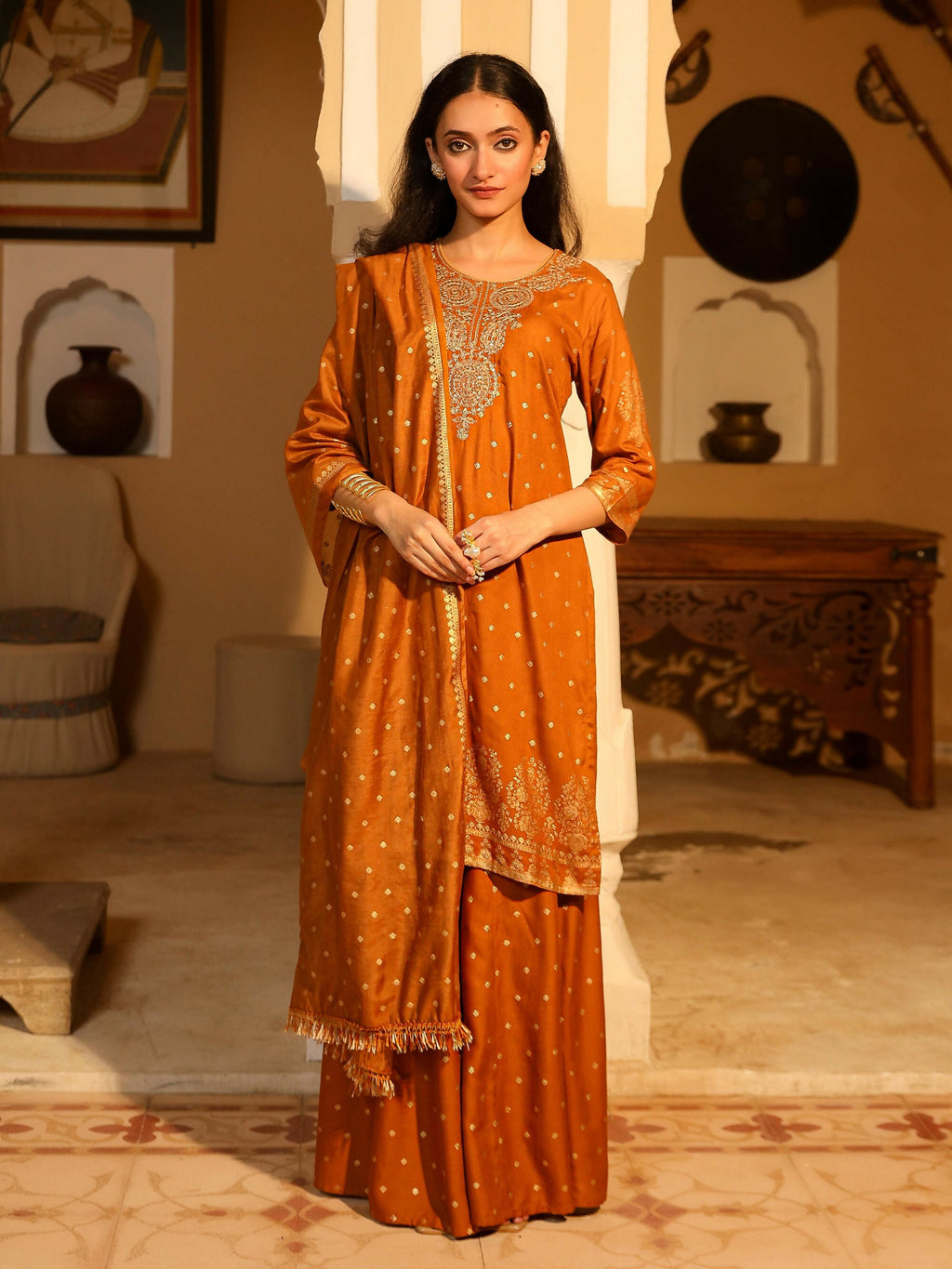 Juniper Women's The Swarn Mustard Ethnic Motif Printed Rayon Kurta Pant And Dupatta With Zari Work & Sequins | Grocsy