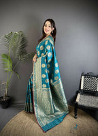 Joban Fashion Teal Ethnic Floral Motifs Soft Lichi Silk Banarasi Saree | Grocsy