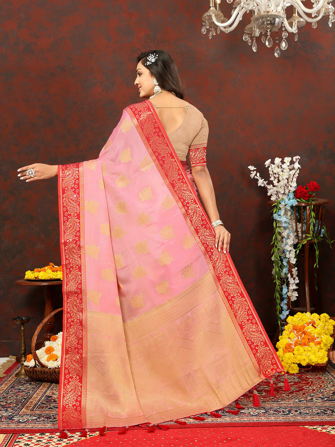 Lorenvalley Fashion Pink Cotton Woven Design with Zari Weaving Design Saree | Grocsy