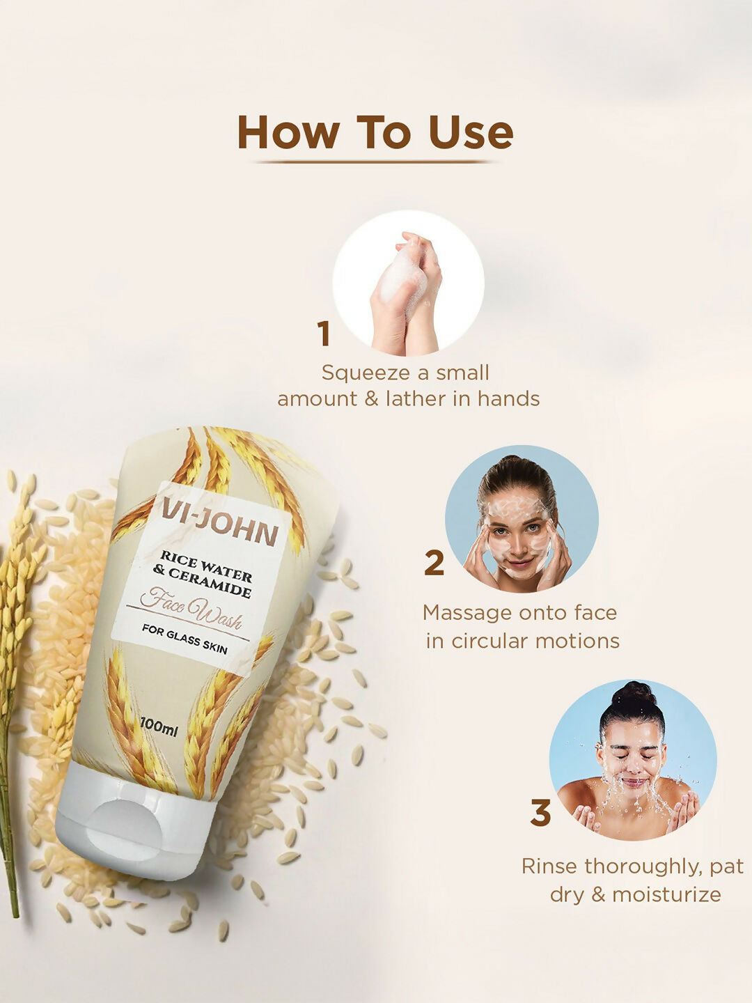 VI-JOHN Rice Water & Ceramide Face Wash For Glass Skin Deep Skin Clean | Grocsy