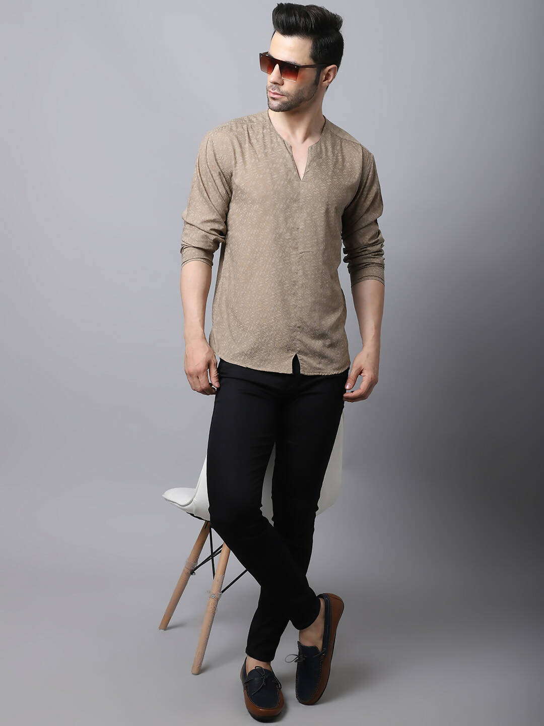 Even Apparels Beige Pure Cotton Round Neck Slit Men's Kurta | Grocsy