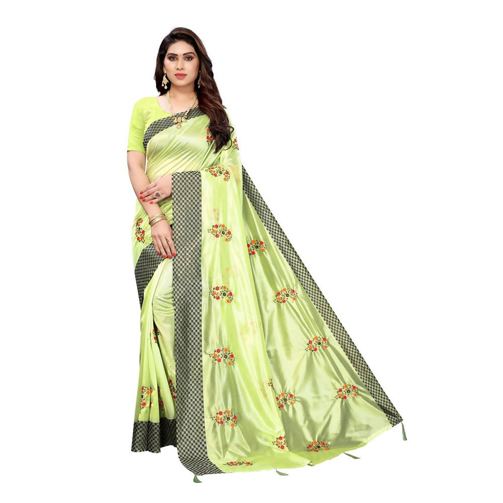 Vamika Parrot Green Crepe Embroidery Saree (Nirali Pista) | Grocsy