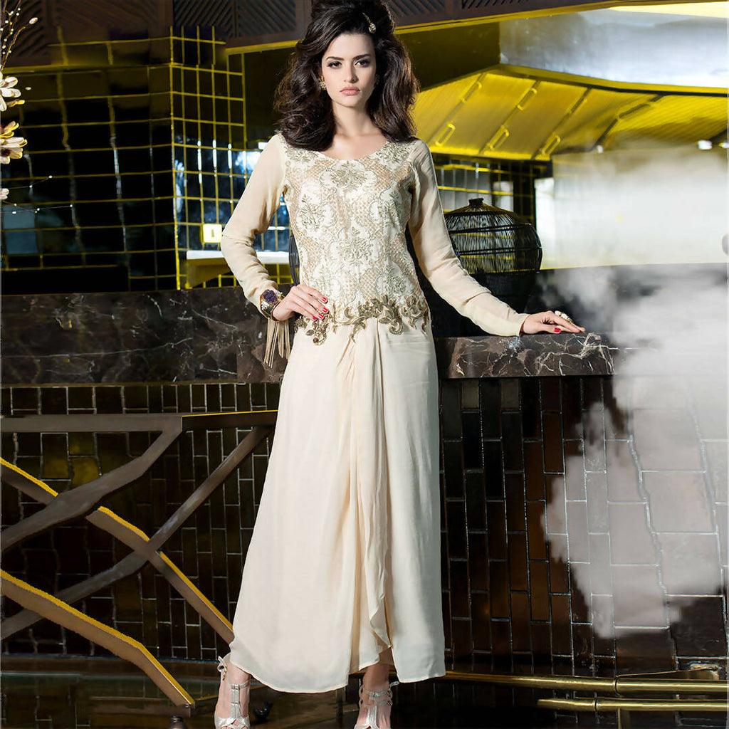 Off White Georgette Floral Embroidered A-line Kurti - Missy | Grocsy