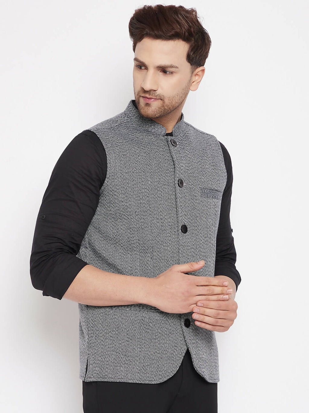 Even Apparels Grey Merino Men Woven Nehru Jacket PW689 | Grocsy