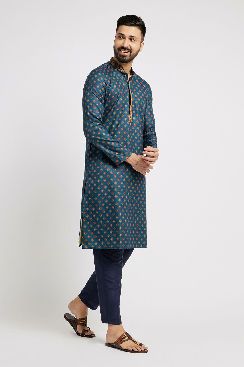 Ethnic India Blue Men's Kurta Ethnic Motifs Polyester | Grocsy