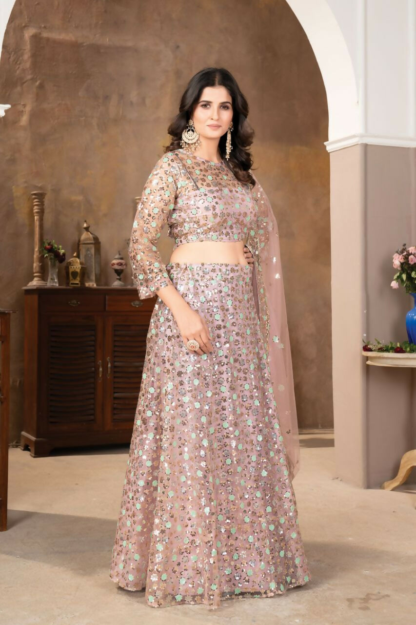 Eilara Light Peach Colour Designer Sequence Work On Net Lehenga Choli | Grocsy