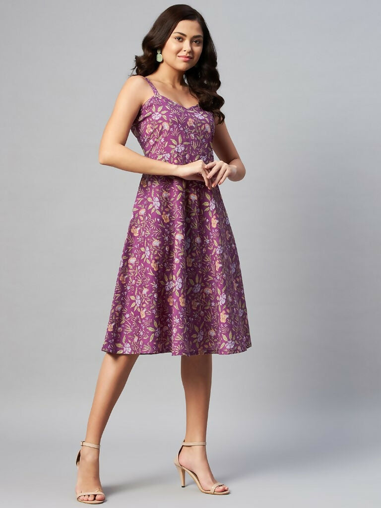 Miravan Women's Purple Floral Printed Midi Length Dress | Grocsy