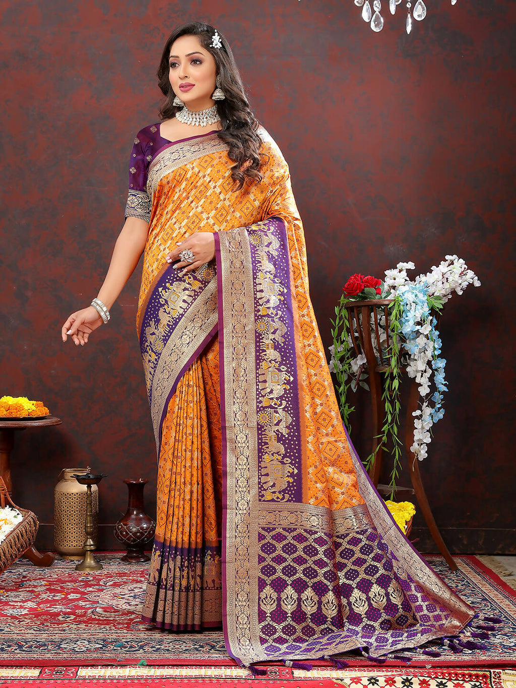 Lorenvalley Fashion Orange & Wine Patola Silk Woven Design Meenakari Weaving Saree | Grocsy