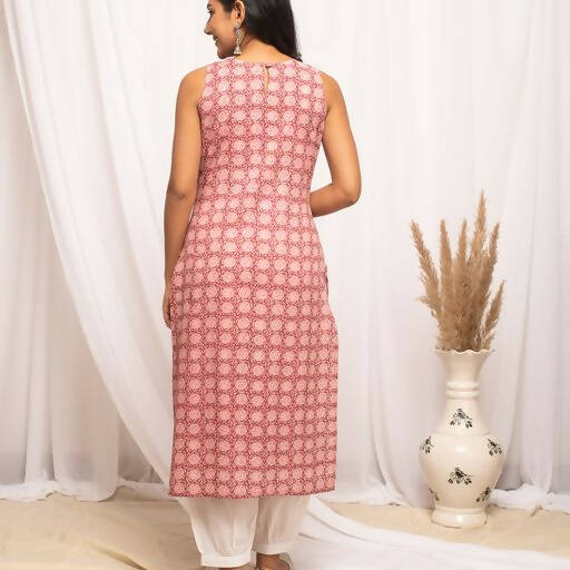 FIORRA Women's Floral Printed Pink Cotton Straight Kurta | Grocsy