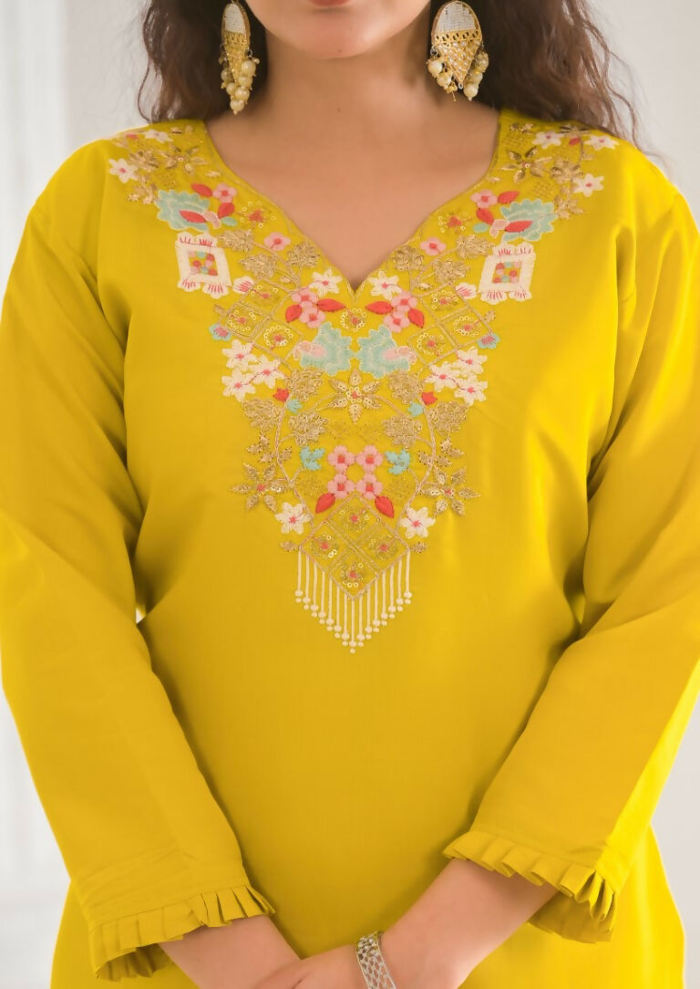 Ethnic Festive Wear Viscose Chanderi Yellow Stitched Suit With Dupatta - Tanisha | Grocsy