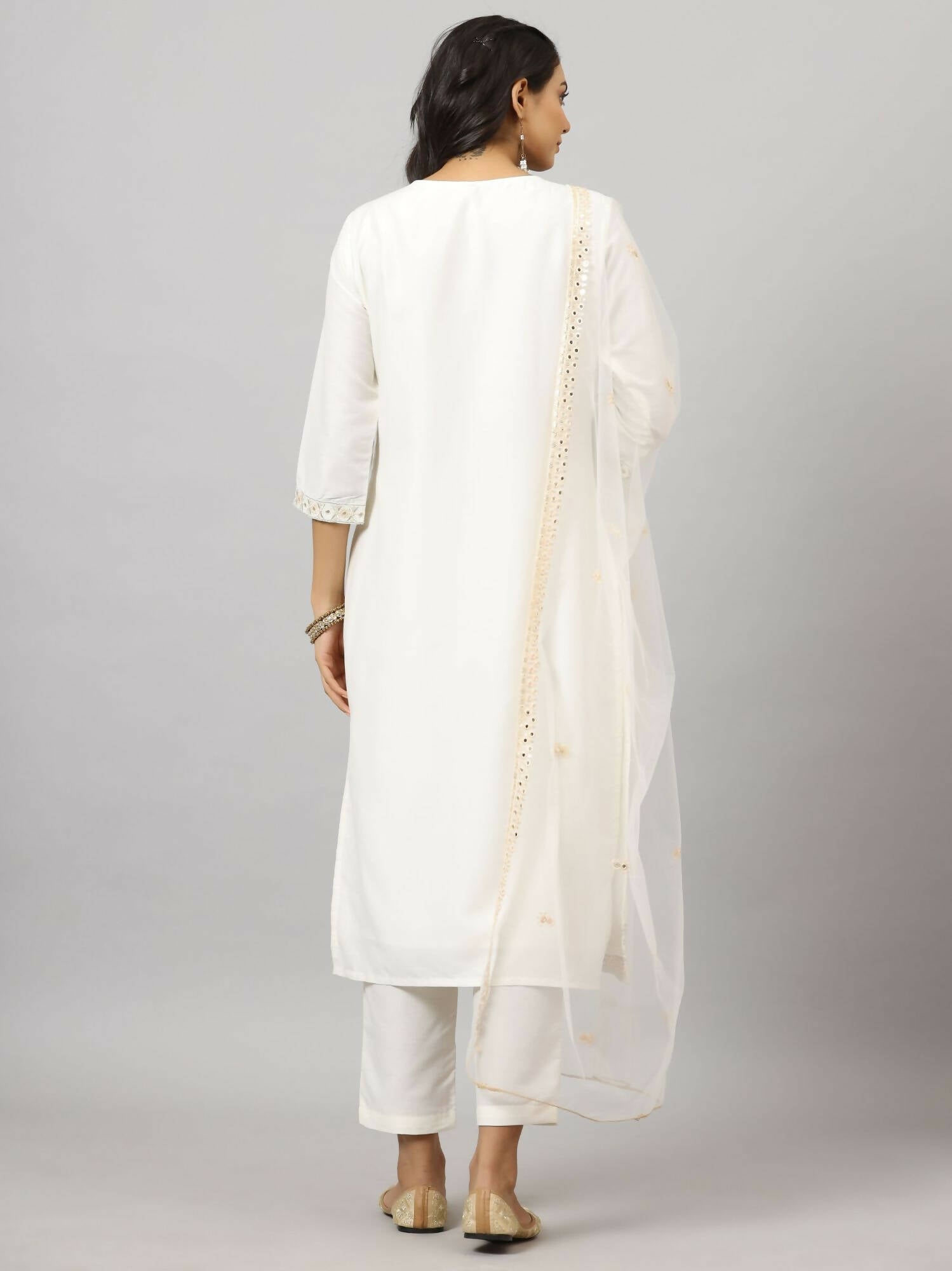 Juniper Women's White Chinnon Solid Embroidered Kurta Set | Grocsy