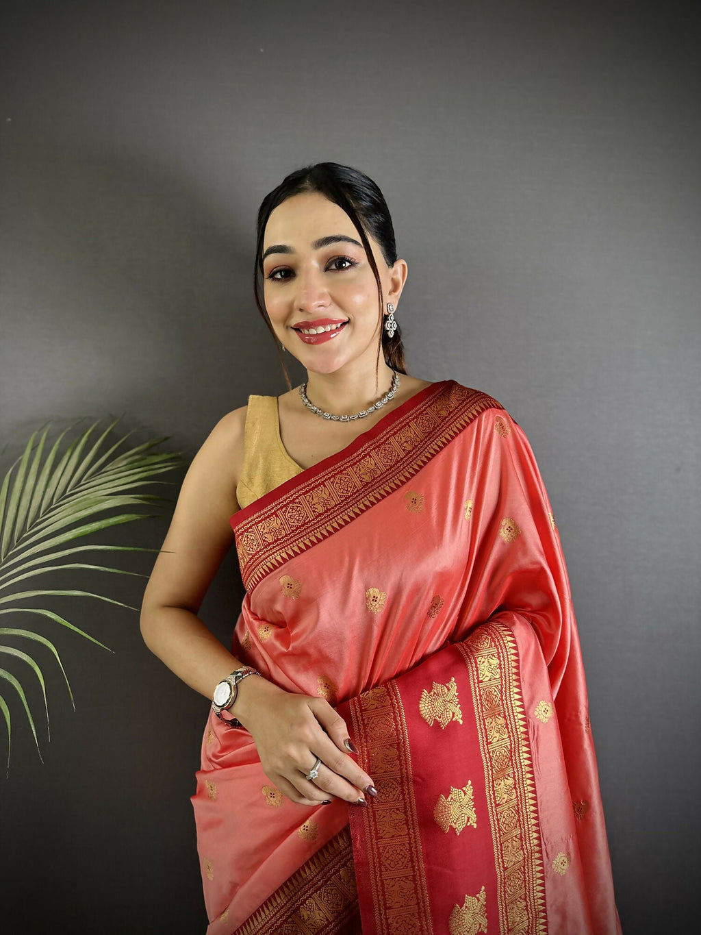 Joban Fashion Peach Banarasi Soft Silk Woven Butti Saree | Grocsy