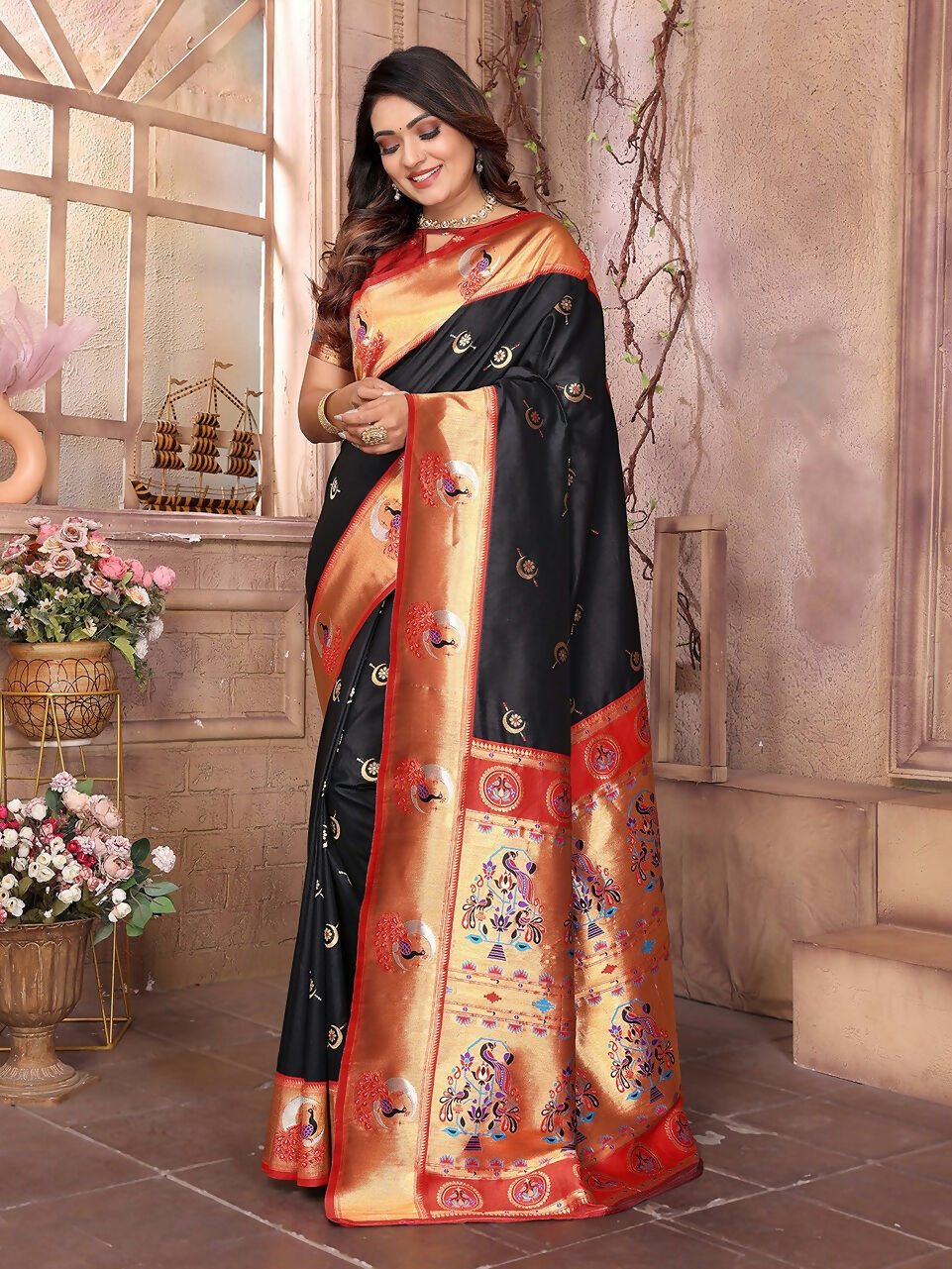 Joban Fashion Paithani Black Woven Soft Silk Saree | Grocsy