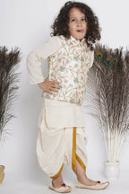Little Bansi Banarsi Silk Pink Blue Floral Embroidery Jacket With Cotton Kantha kurta And Kantha Dhoti - Cream | Grocsy