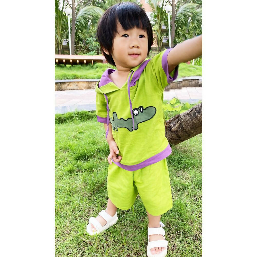 Mhyssa Croco Half sleeves Green and Purple Hoodie with Shorts Set For Kids | Grocsy