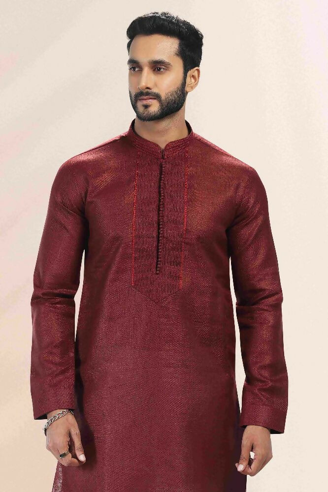 Raivat Ethnic Linen Cotton Pintux Work Kurta Pajama In Maroon Colour | Grocsy