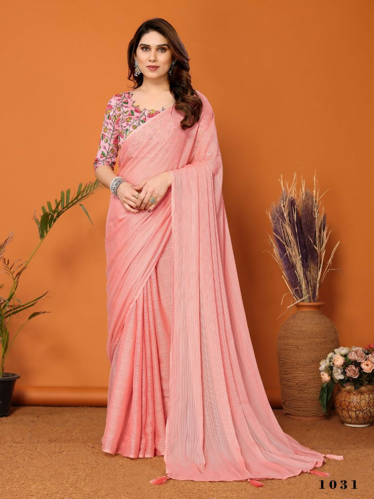 Partywear Designer Peach Polyester Zari Fancy Saree - Starwalk | Grocsy